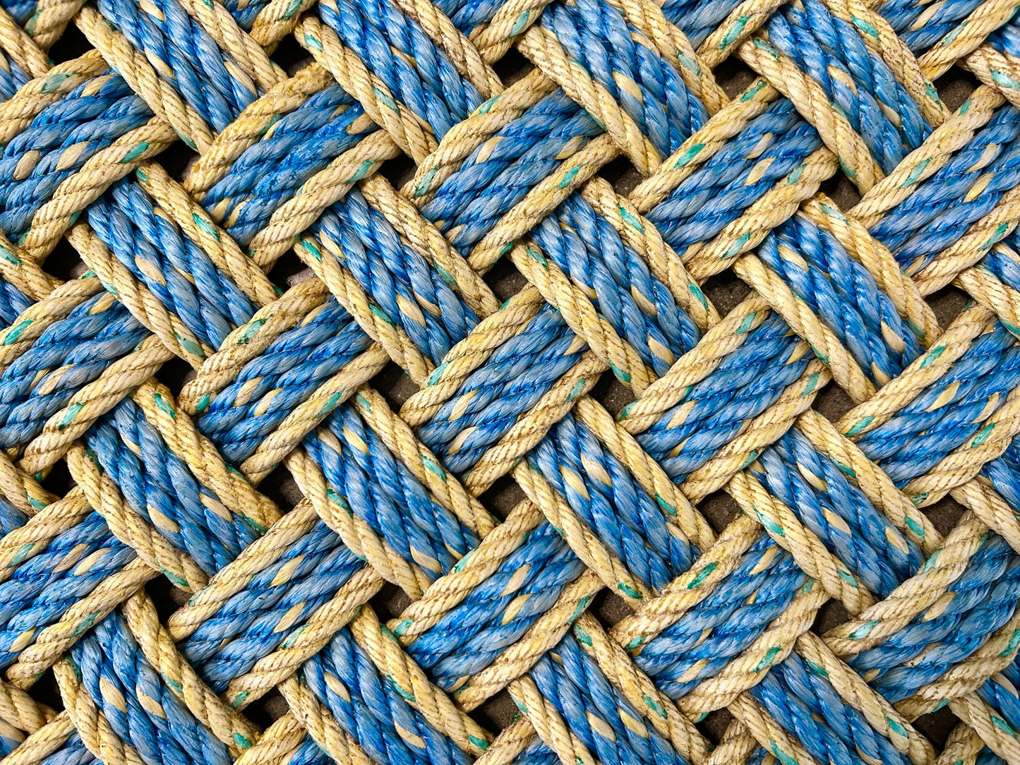 Surf Doormat, Nautical lobster rope doormat, Made in Maine, Blue and yellow welcome mat, Upcycled front door mat by Wharf Warp