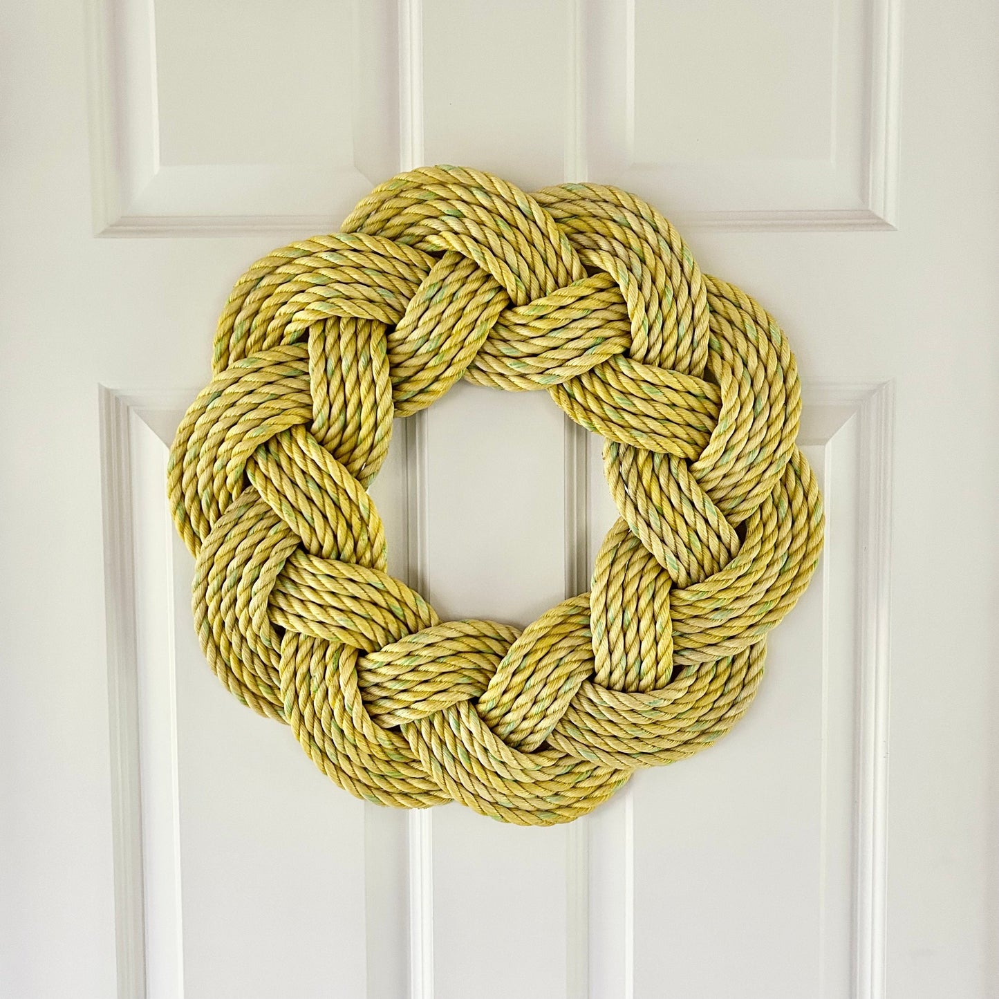 Mariner Wreath in Dandelion, Nautical Spring decoration, Easter wreath, Upcycled Fall door decor, Woven by WharfWarp in Freeport, Maine