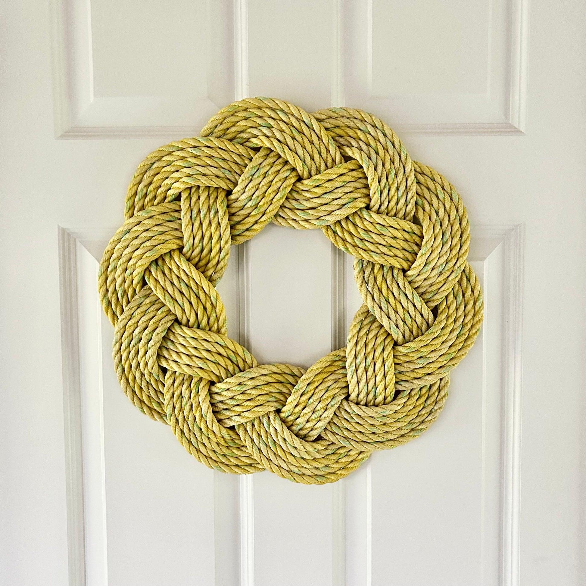 Mariner Wreath in Dandelion, Nautical Spring decoration, Easter wreath, Upcycled Fall door decor, Woven by WharfWarp in Freeport, Maine