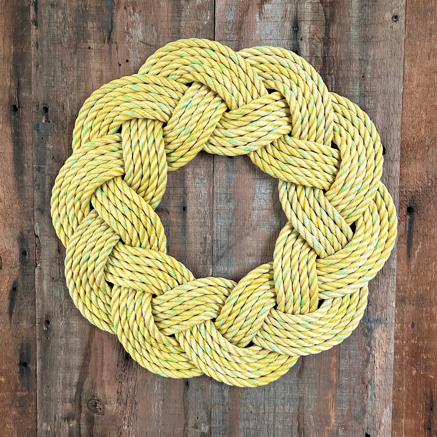 Mariner Wreath in Dandelion, Nautical Spring decoration, Easter wreath, Upcycled Fall door decor, Woven by WharfWarp in Freeport, Maine