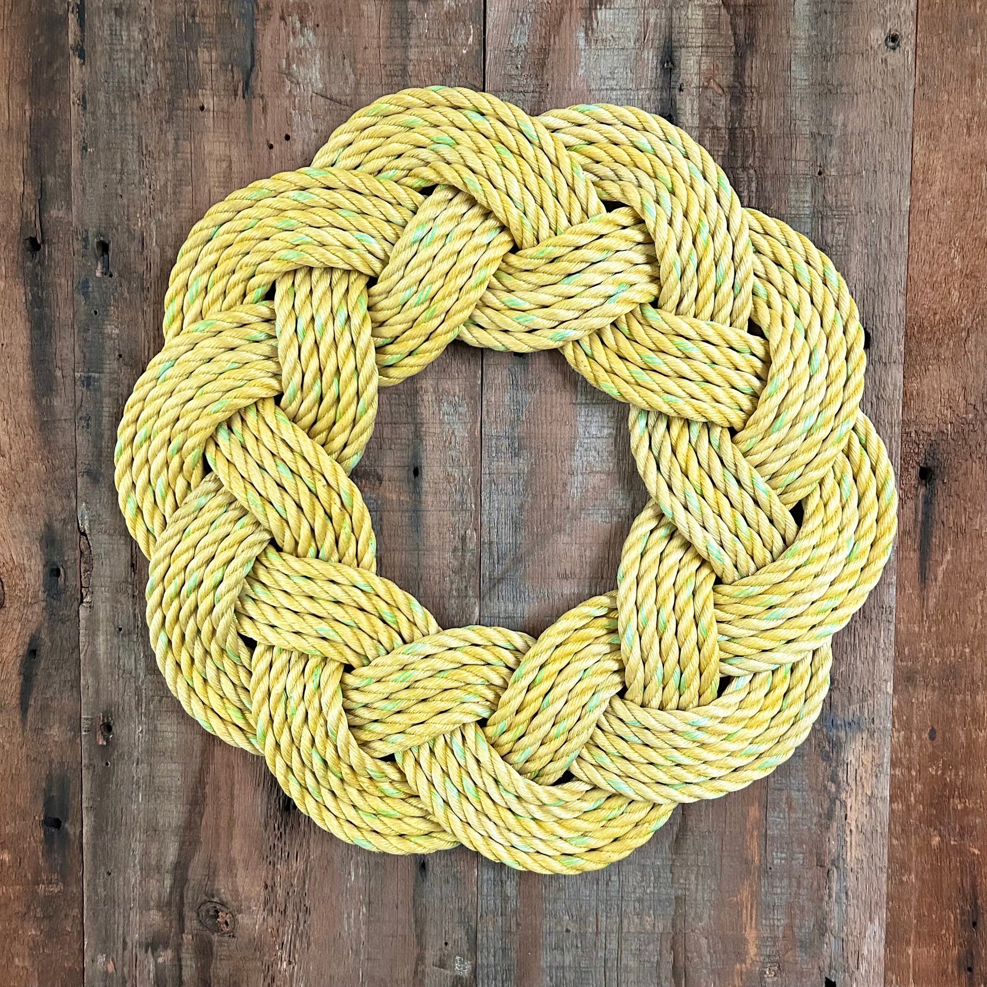 Mariner Wreath in Dandelion, Nautical Spring decoration, Easter wreath, Upcycled Fall door decor, Woven by WharfWarp in Freeport, Maine