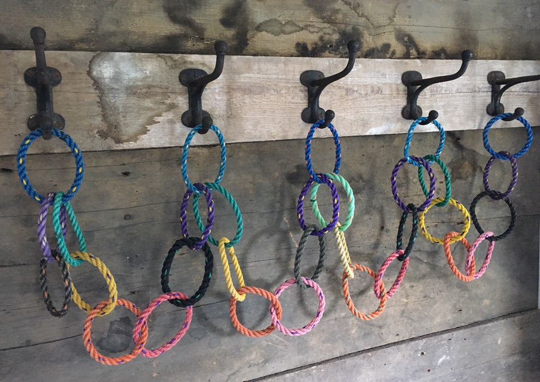 9' Reusable Festive Garland, Made in Maine with reclaimed lobster rope, outdoor holiday decor, colorful hanging Christmas card holder