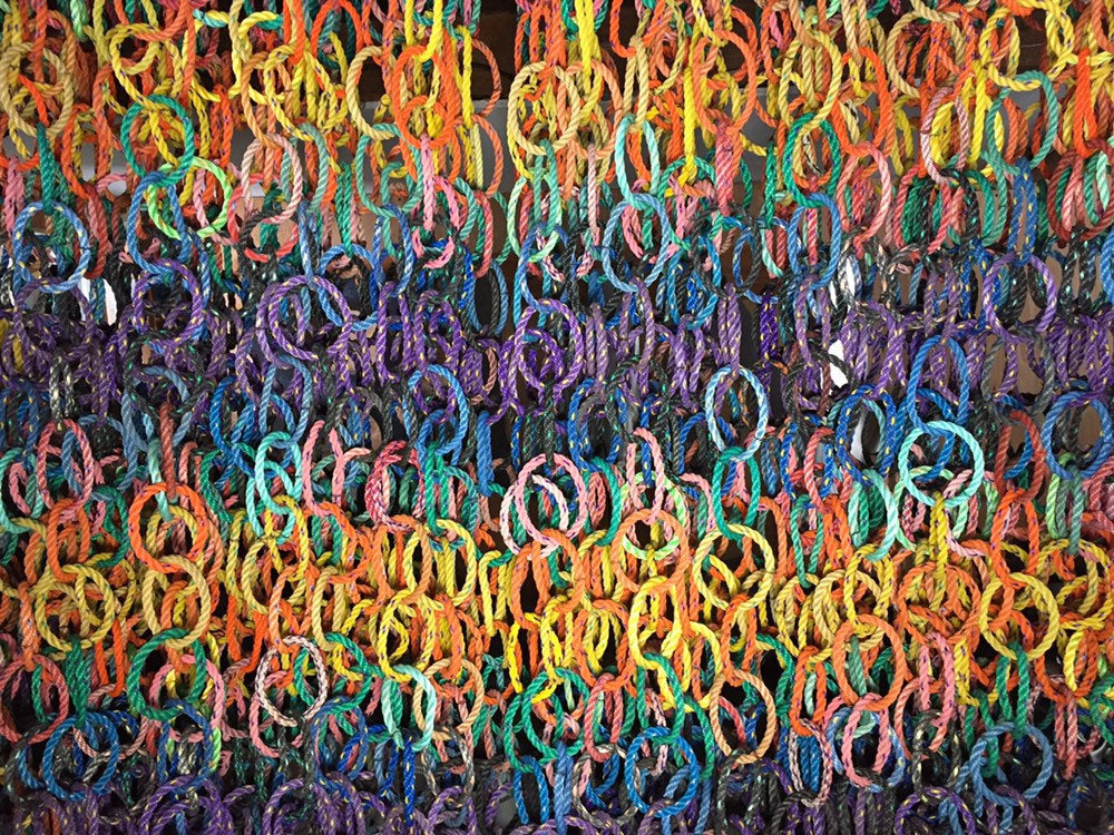 9' Reusable Festive Garland, Made in Maine with reclaimed lobster rope, outdoor holiday decor, colorful hanging Christmas card holder