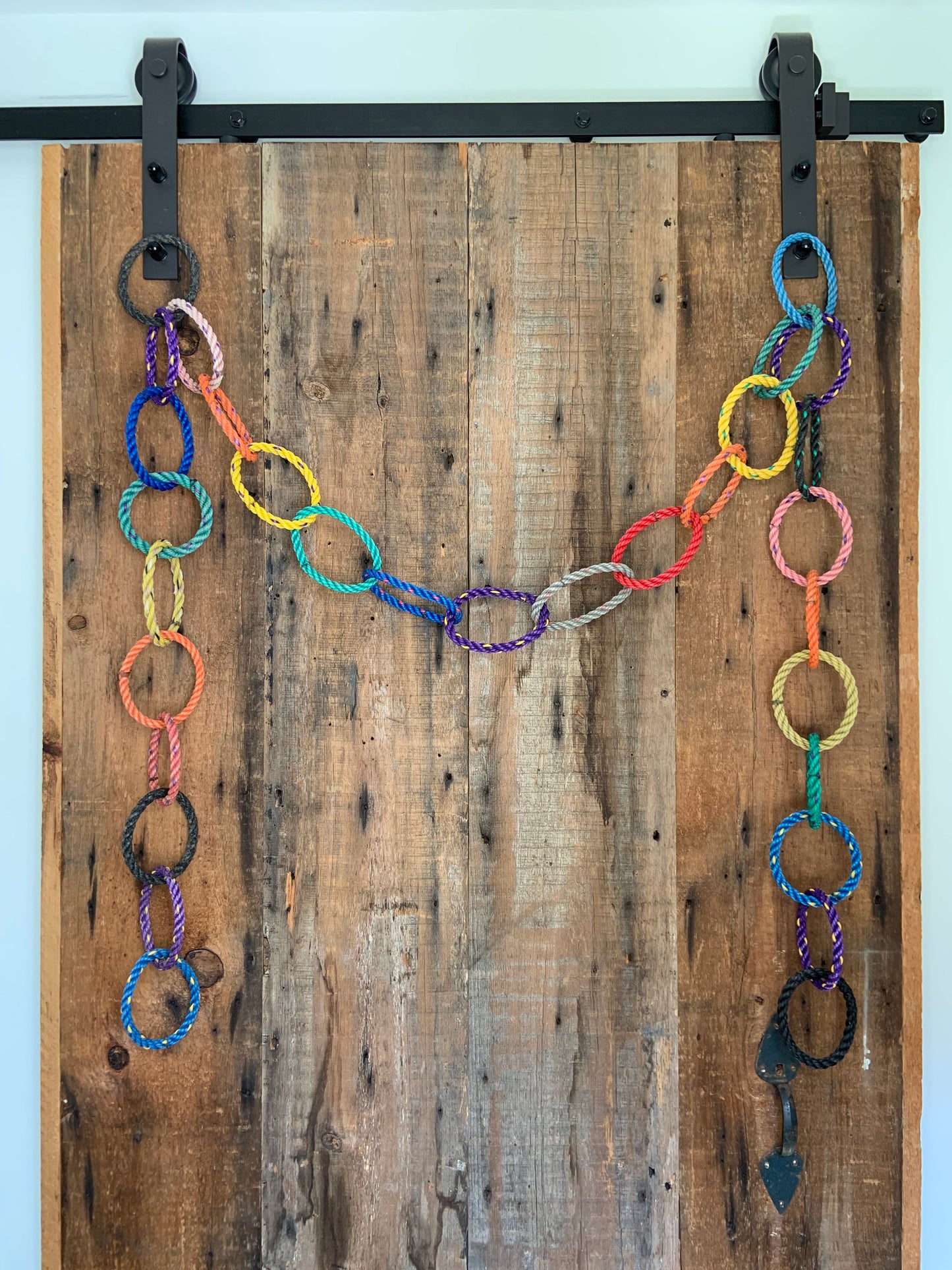 9' Reusable Festive Garland, Made in Maine with reclaimed lobster rope, outdoor holiday decor, colorful hanging Christmas card holder