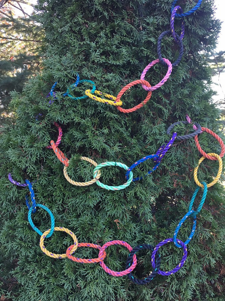 9' Reusable Festive Garland, Made in Maine with reclaimed lobster rope, outdoor holiday decor, colorful hanging Christmas card holder