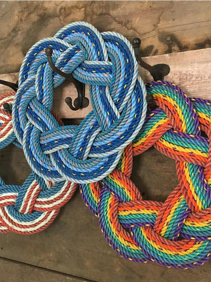 Colorful and unique wreaths woven with upcycled lobster rope 