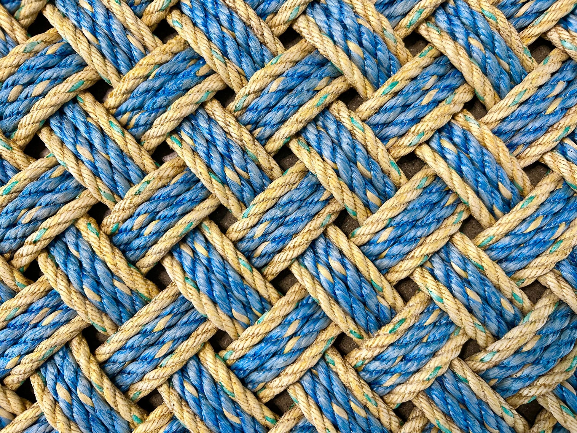 Surf Doormat, Nautical lobster rope doormat, Made in Maine, Blue and yellow welcome mat, Upcycled front door mat by Wharf Warp
