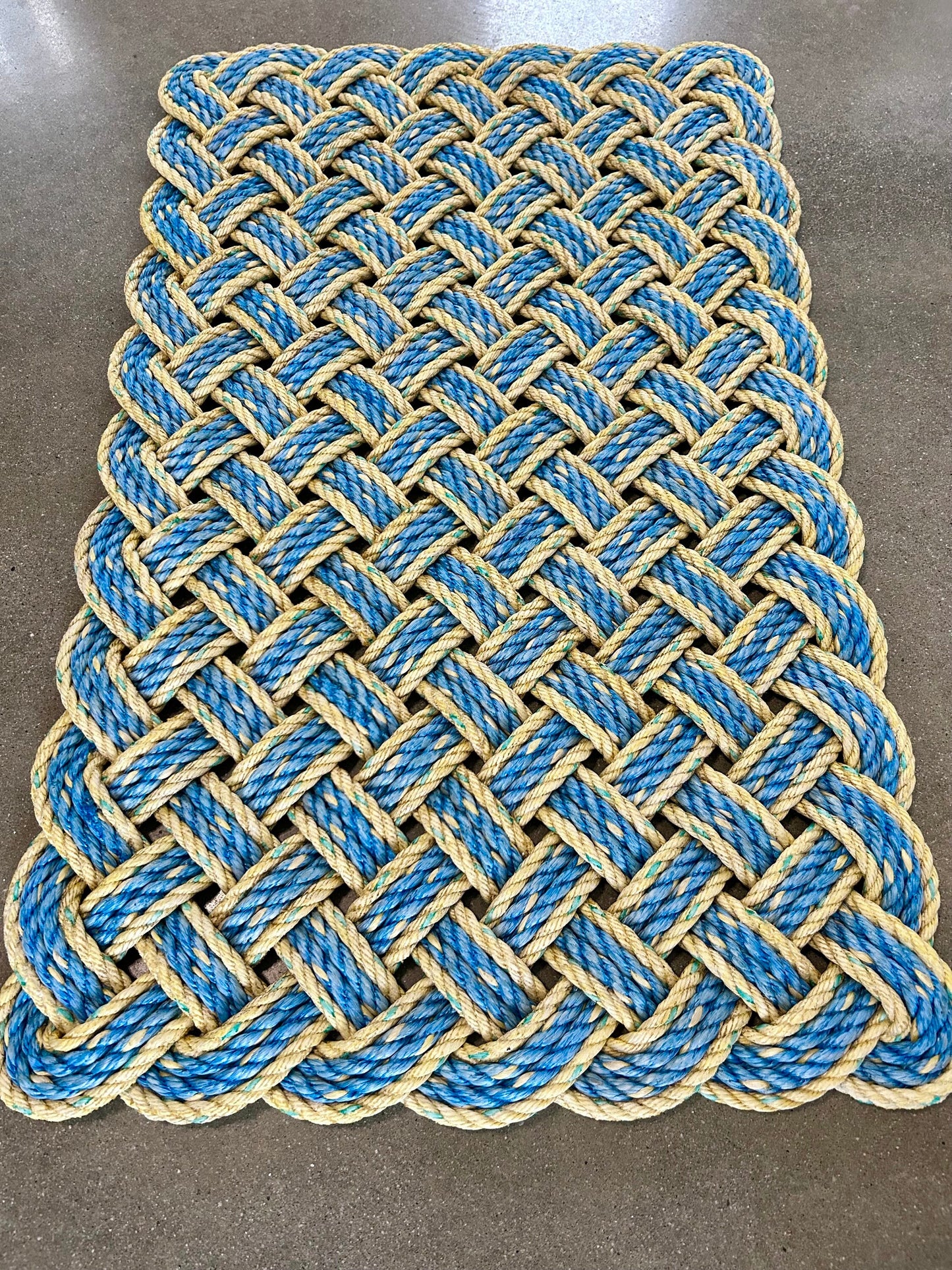 Surf Doormat, Nautical lobster rope doormat, Made in Maine, Blue and yellow welcome mat, Upcycled front door mat by Wharf Warp