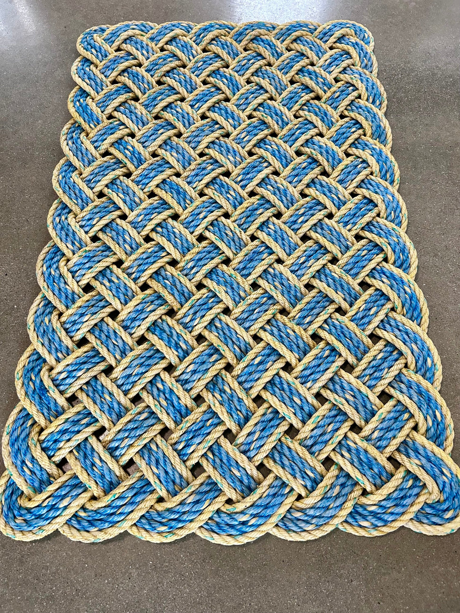 Surf Doormat, Nautical lobster rope doormat, Made in Maine, Blue and yellow welcome mat, Upcycled front door mat by Wharf Warp