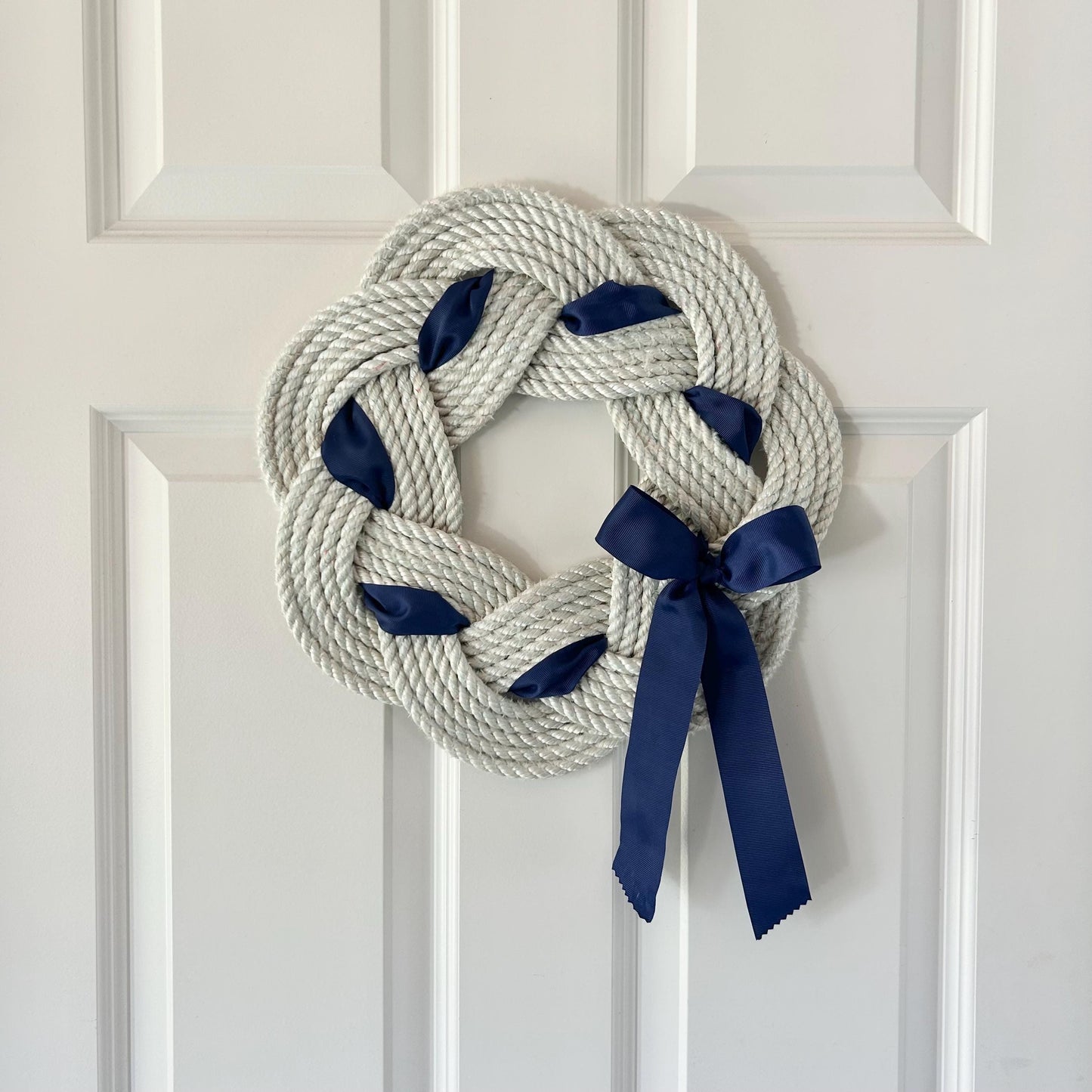 Holiday Wreath, White rope wreath with ribbon and bow, Upcycled lobster rope wreath, Nautical wreath, Hand woven in Maine by WharfWarp