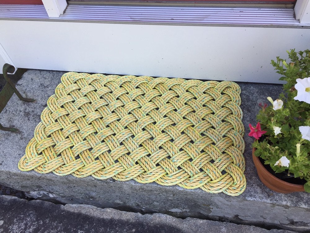 Dandelion Rope Mat, Recycled lobster rope doormat, Maine made, Nautical yellow doormat, Solid yellow mat, Woven mat by WharfWarp