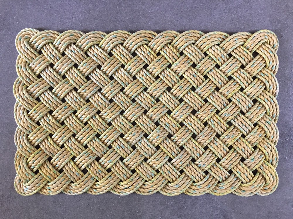 Dandelion Rope Mat, Recycled lobster rope doormat, Maine made, Nautical yellow doormat, Solid yellow mat, Woven mat by WharfWarp