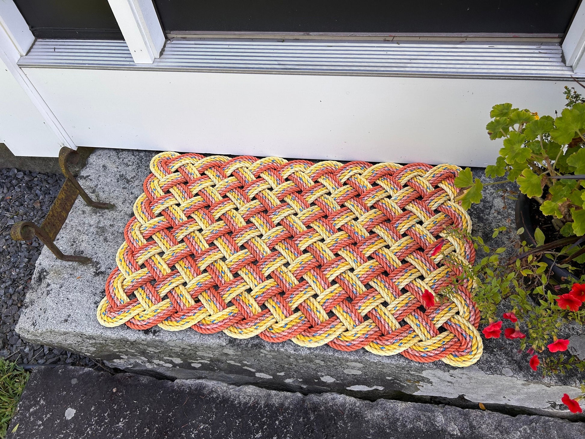 Maine lobster rope doormat, Upcycled rope, Nautical Autumn doormat, Orange and yellow doormat, Hand woven in Maine by WharfWarp