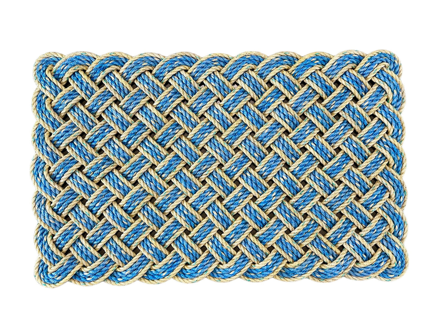 Surf Doormat, Nautical lobster rope doormat, Made in Maine, Blue and yellow welcome mat, Upcycled front door mat by Wharf Warp