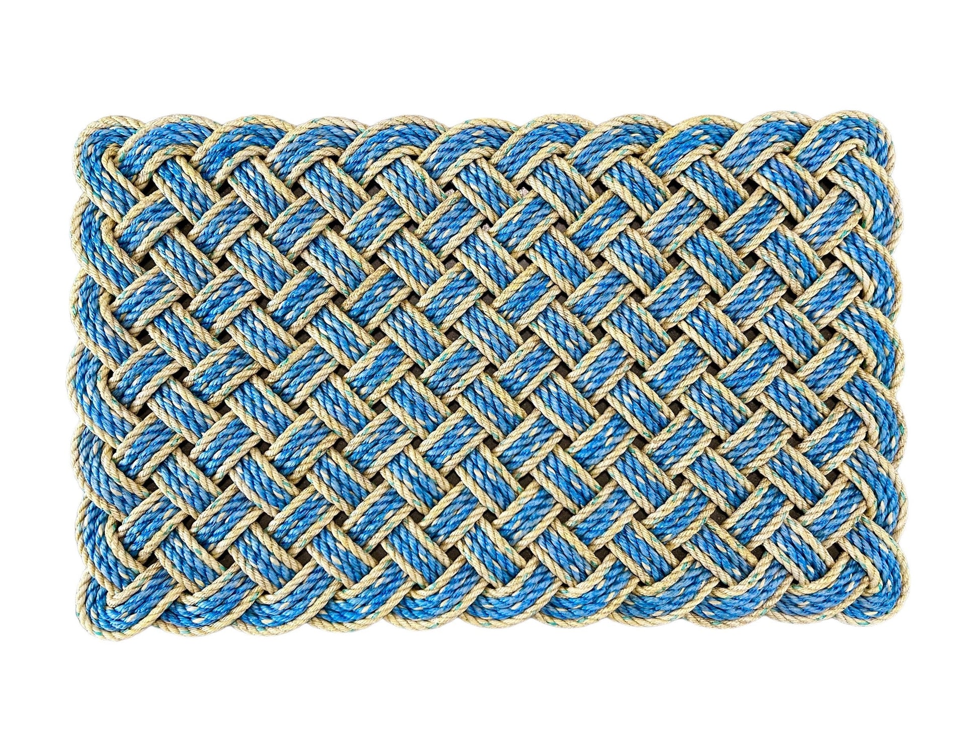 Surf Doormat, Nautical lobster rope doormat, Made in Maine, Blue and yellow welcome mat, Upcycled front door mat by Wharf Warp