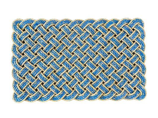Surf Doormat, Nautical lobster rope doormat, Made in Maine, Blue and yellow welcome mat, Upcycled front door mat by Wharf Warp