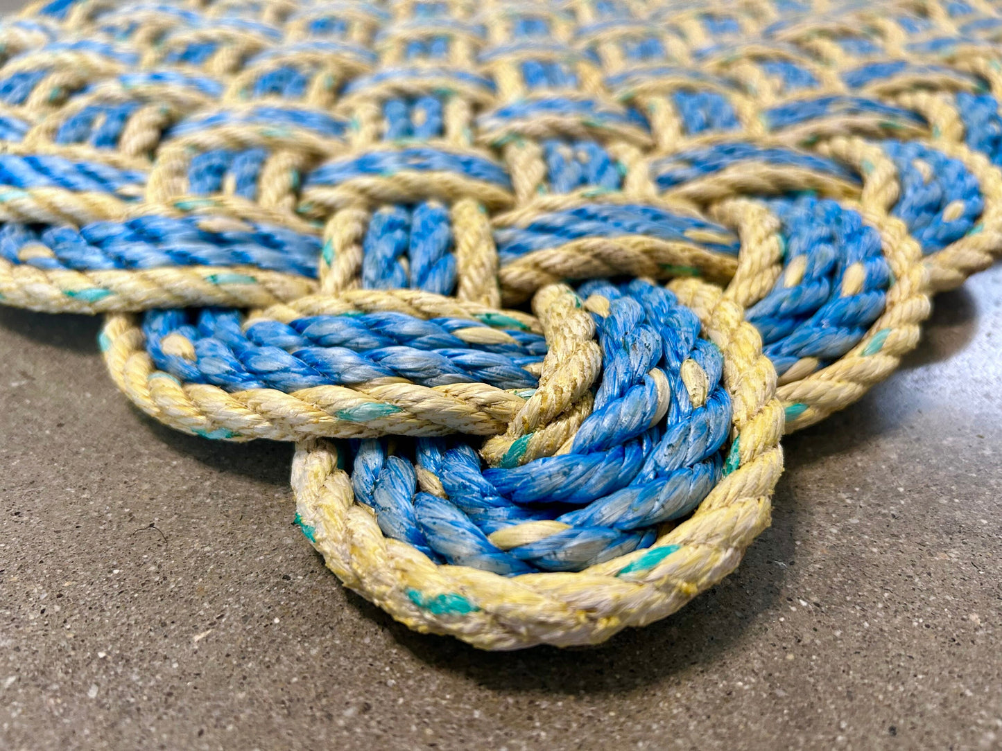 Surf Doormat, Nautical lobster rope doormat, Made in Maine, Blue and yellow welcome mat, Upcycled front door mat by Wharf Warp